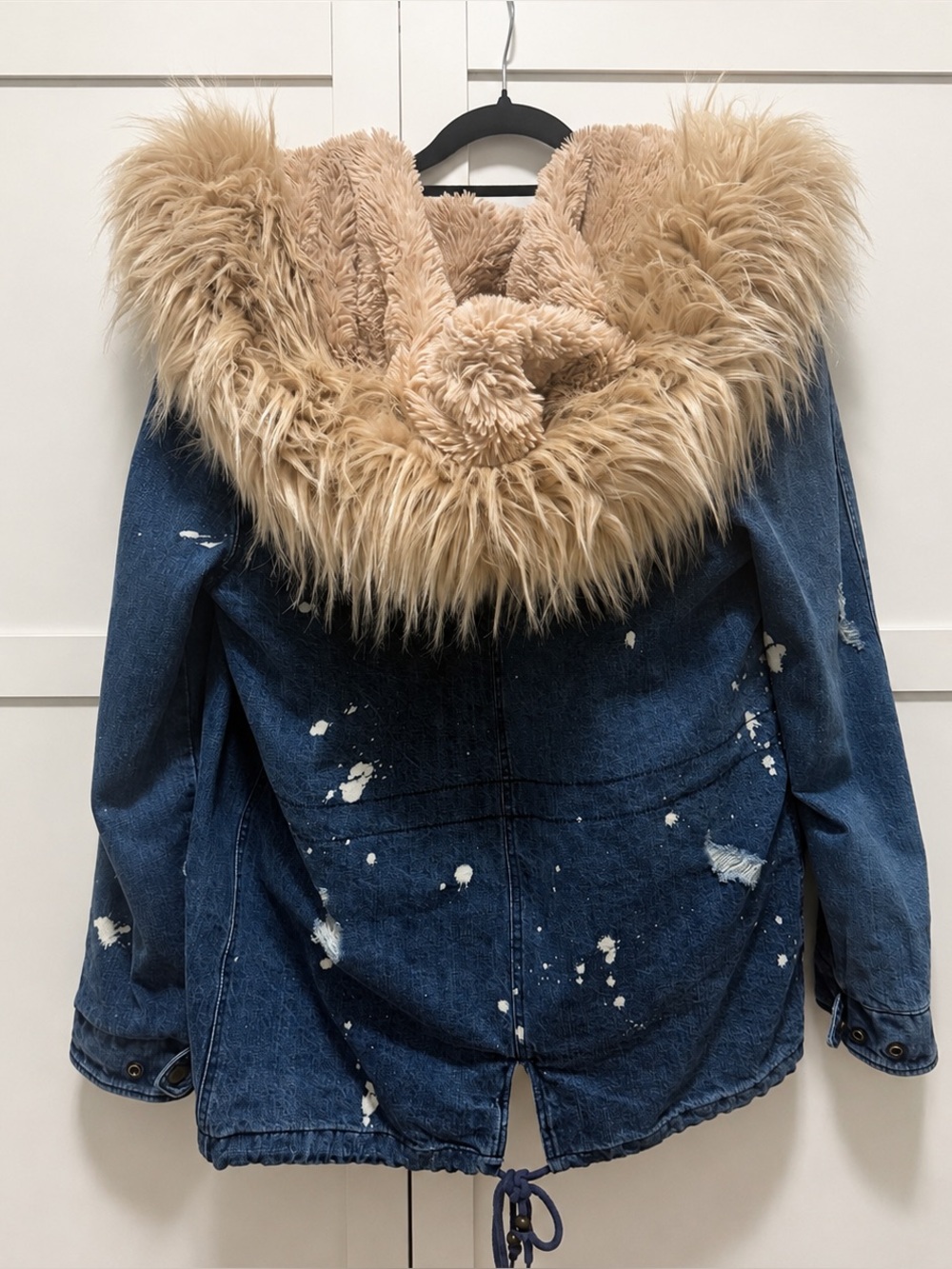 Avec Les Filles Distressed Denim Faux Fur Hooded Parka Size S